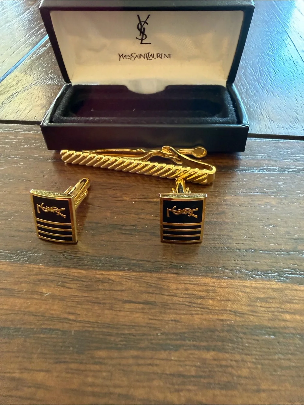Yves Saint Laurent Gold and Black Cufflinks with Gold Tie Bar